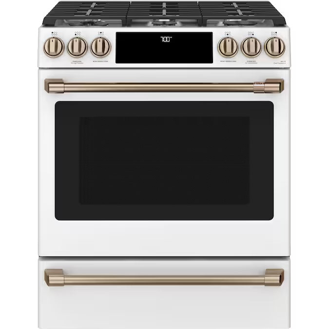 Café 30 in. 5.6 cu. ft. Smart Slide-In Gas Range in Matte Wht w/ True Conv. & - Model CGS700P4MW2
