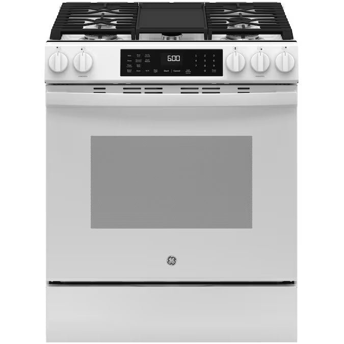 GE 30 in. 5-Burners Slide-In Smart Gas Conv. Range White w/ EasyWash Oven Tray - Model GGS600AVWW